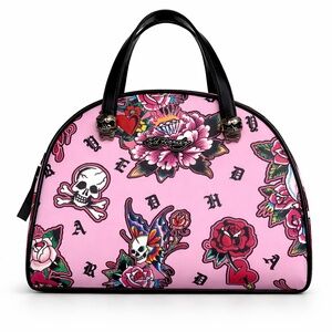 Ed Hardy Tattoo Print Insulated Lunch Tote Skull Bowler Crossbody Pink